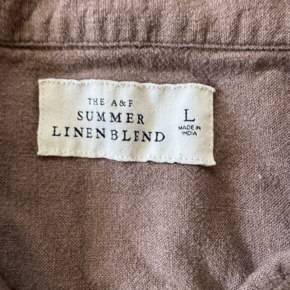 A&F Shirt Summer Linen Blend Button Upens L Brown Casual Short Sleevee - Picture 3 of 7